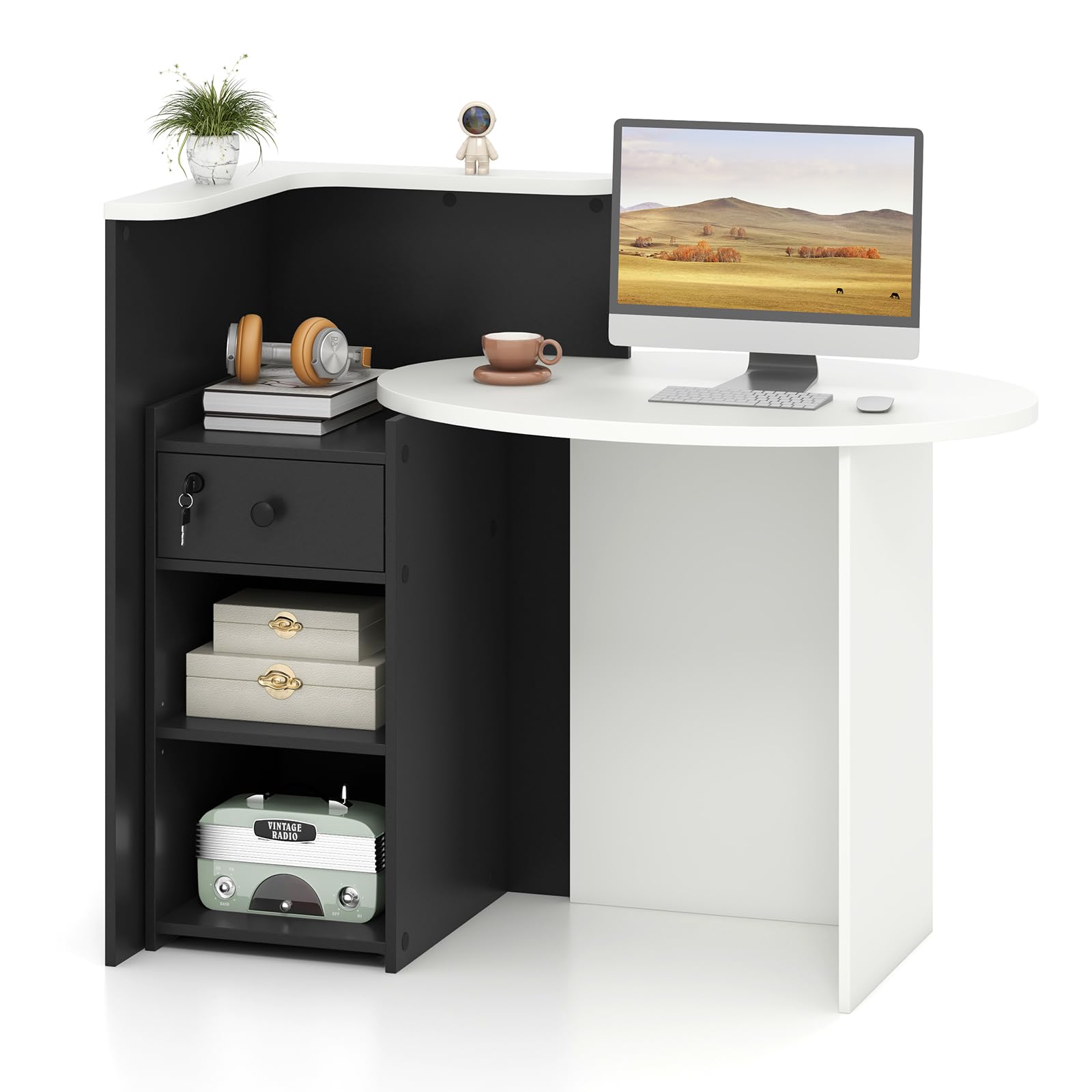 TangkulaReception Desk, Front Counter Desk with Lockable Drawer & Adjustable Shelf, Oval Desktop, Retail Counter for Checkout, Computer Workstation for Salon Lobby Office, Home Office Desk