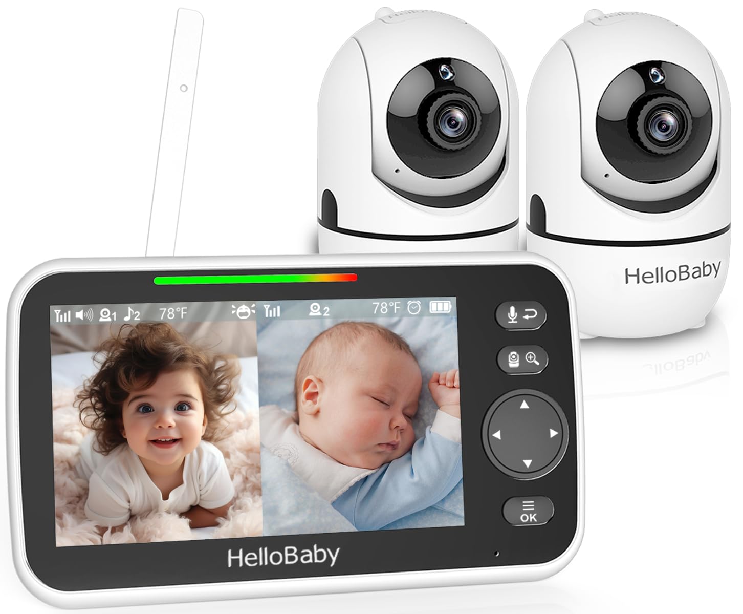 HelloBaby Baby Monitor with 2 Cameras and Night Vision, 5'' Split Screen Dual Baby Monitor with 30-Hour Battery, Pan-Tilt-Zoom Video Baby Monitors, No WiFi, ECO, 2-Way Audio, 8 Lullabies, 1000ft Range