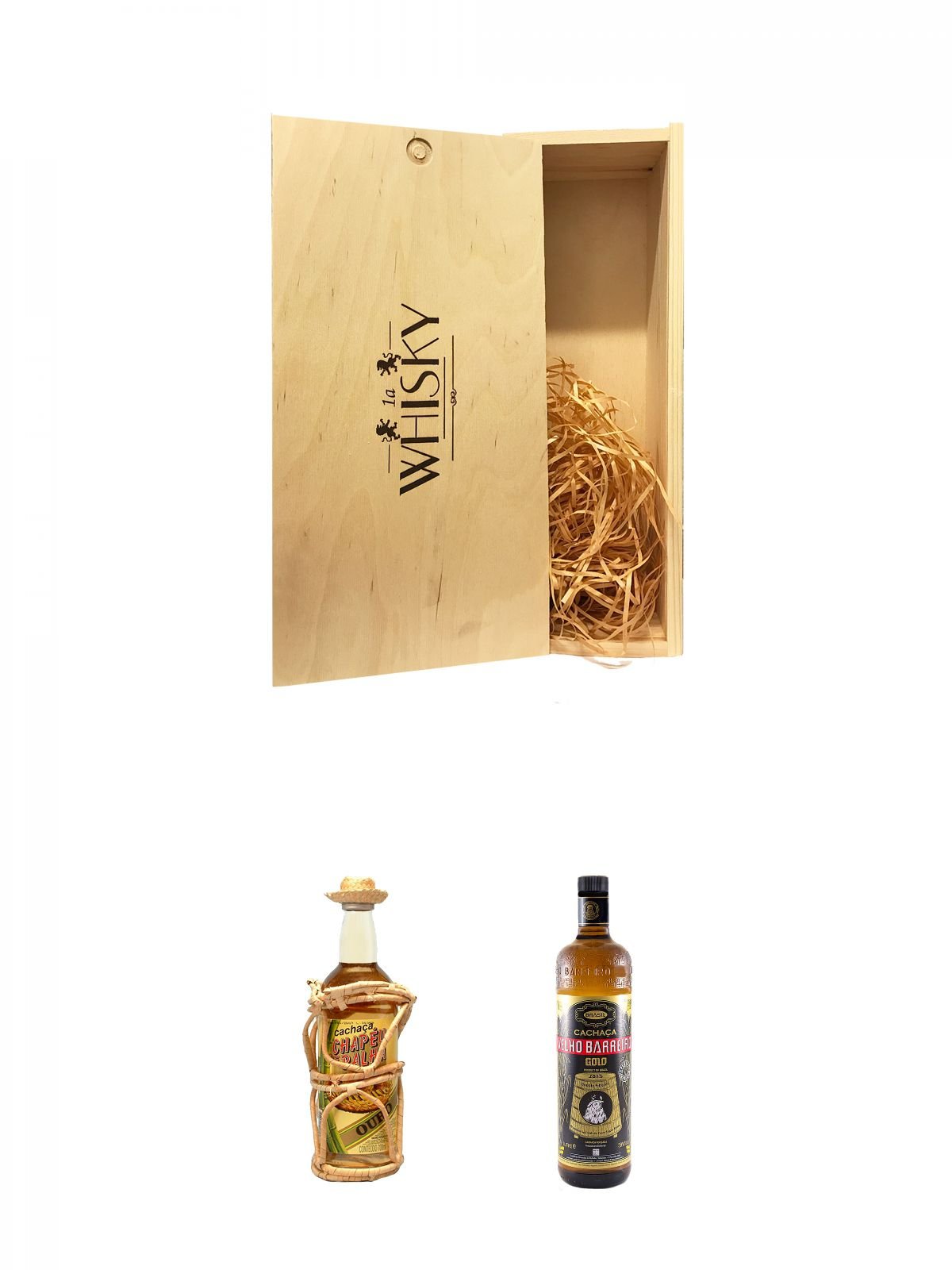 1a Whisky Holzbox für 2 Flaschen mit Schiebedeckel + Velho Barreiro Cachaca Chapeu de Palha Gold 0,7 Liter + Velho Barreiro Gold Cachaca 1,0 Liter