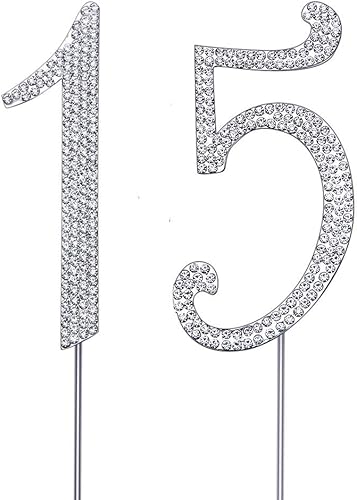 MAGJUCHE Decoración para tartas de cristal plateado de 15 pulgadas, diamantes de imitación número 15 para pastel de cumpleaños de niño o niña o