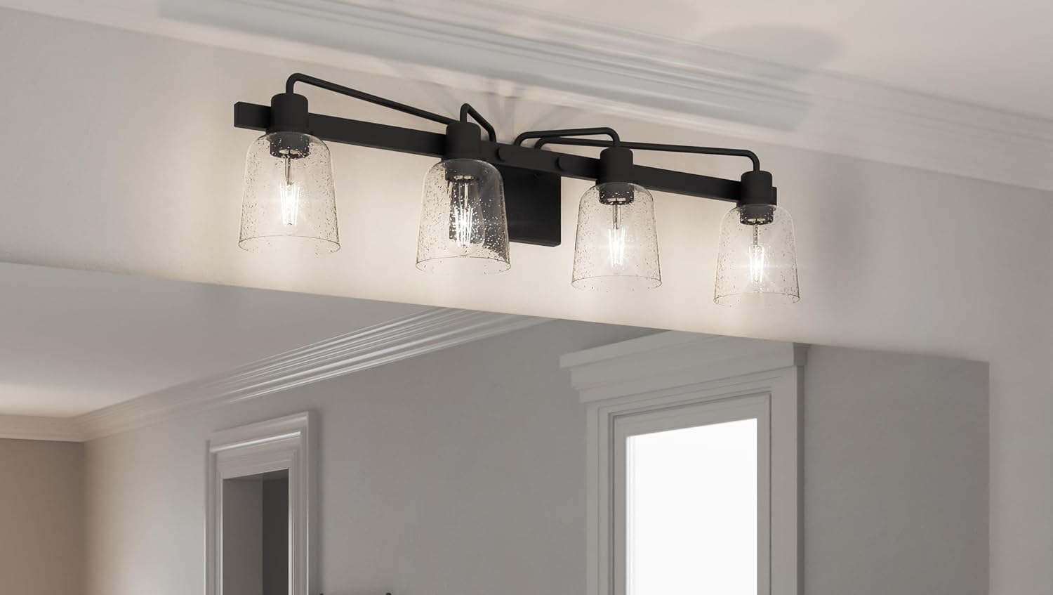 Quoizel Lydia Bath Vanity Lights, 34 Inch 4-Light Matte Black Lighting Fixtures Over Mirror, Clear Seedy Glass, Transitional Modern Wall Mount Light for Bathroom, Dresser or Sink