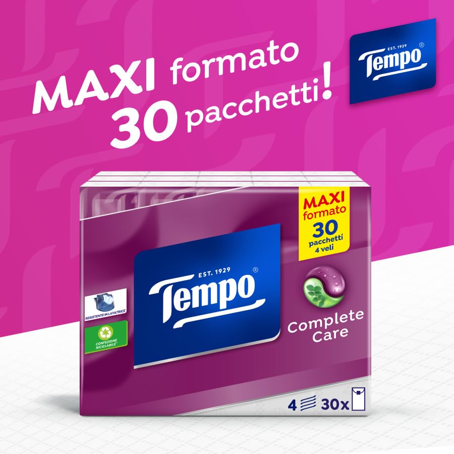 Tempo Fazzoletti Tascabili Complete Care, 30 pacchetti da 9 fazzoletti – con Balsamo - ideale per raffreddori
