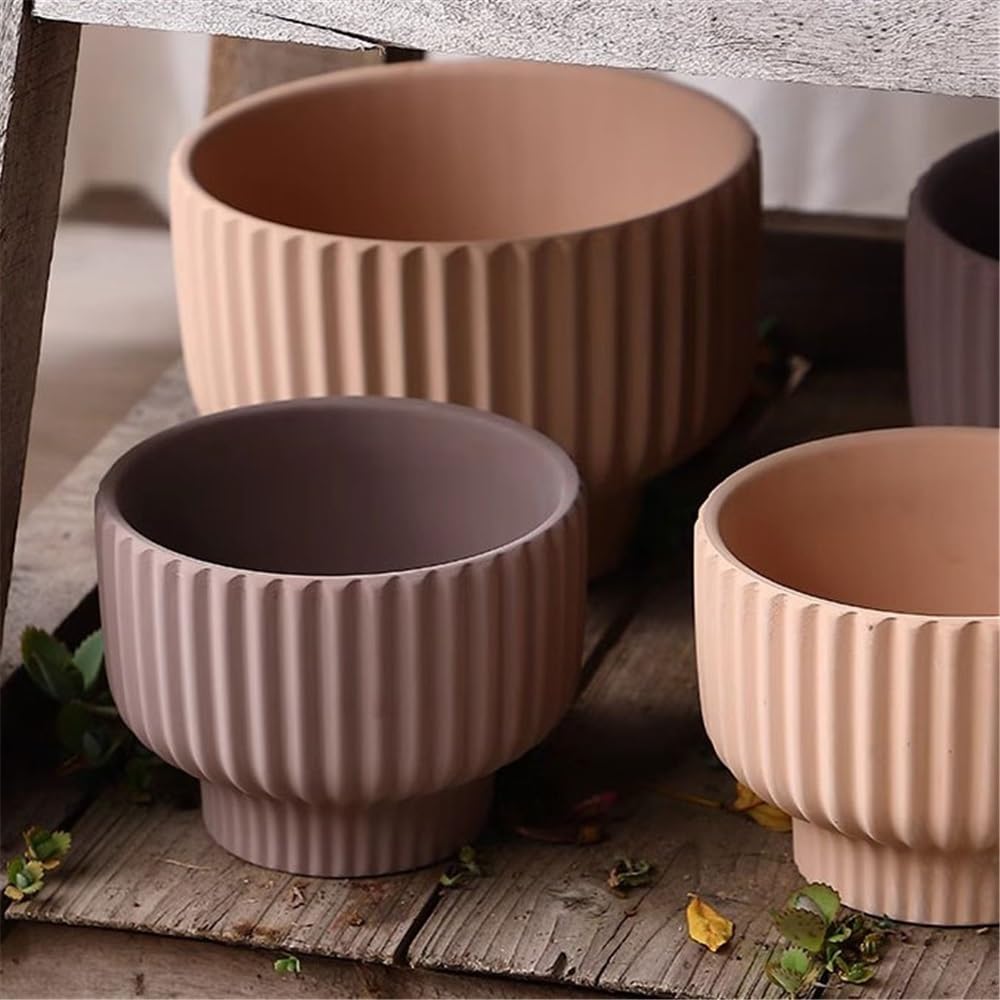 Sadzarki do kwiatów Okrągła Doniczka Ze Smugami, Ceramiczne Doniczki W Kolorze Mokki, Do Salonu, Sypialni, Parapetu, Dekoracji Ogrodu (2 Rozmiary)(Duży)