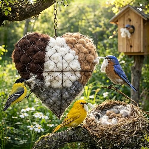 PZCC Nistmaterial für Vögel Zupfherz aus Alpakafaser Handgefertigtes Nistherz mit nachfüllbarem Nestmaterial Ideal für Wildvögel & Gartenvögel als Gartendekoration