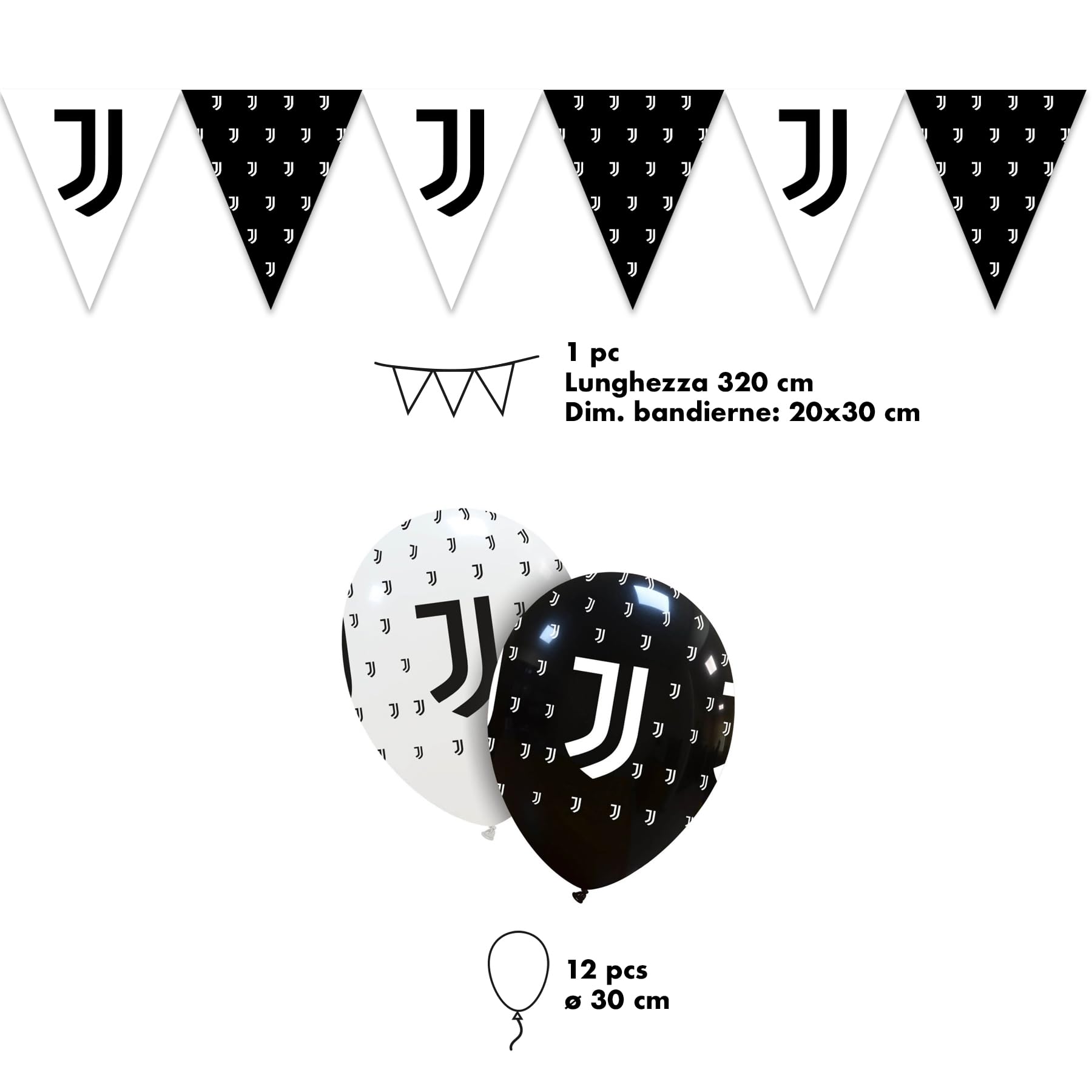 Lage Kit per Festa di Compleanno a Tema Juventus - Set per Decorazioni Calcio Bianconero da tavola Addobbi per 24 Persone (1 Tovaglia - 12 Palloncini - 24 Piatti - 40 Tovaglioli - 12 Bandierine)