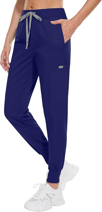 Womens Scrub Pants - Elastic Waist Pants for Women 8 Pocket Joggers Pants Stretch Nurse Scrubs Bottoms