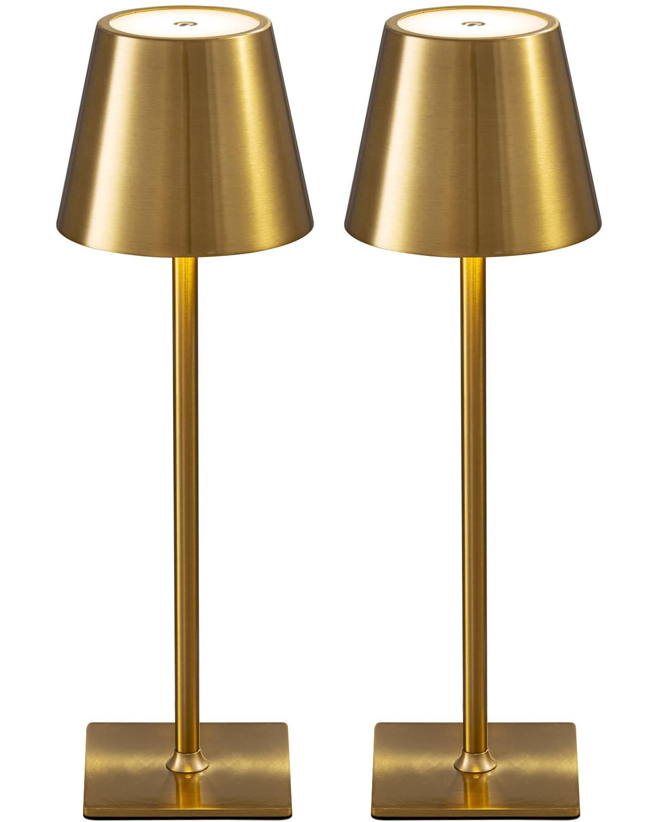 HULUBO 2Pcs LED Cordless Table Lamps,Metal Desk Lamp,3 Color Temperature Dimmable Table Lamp,for Outdoor/Dinner/Patio/Restaurant (Golden)