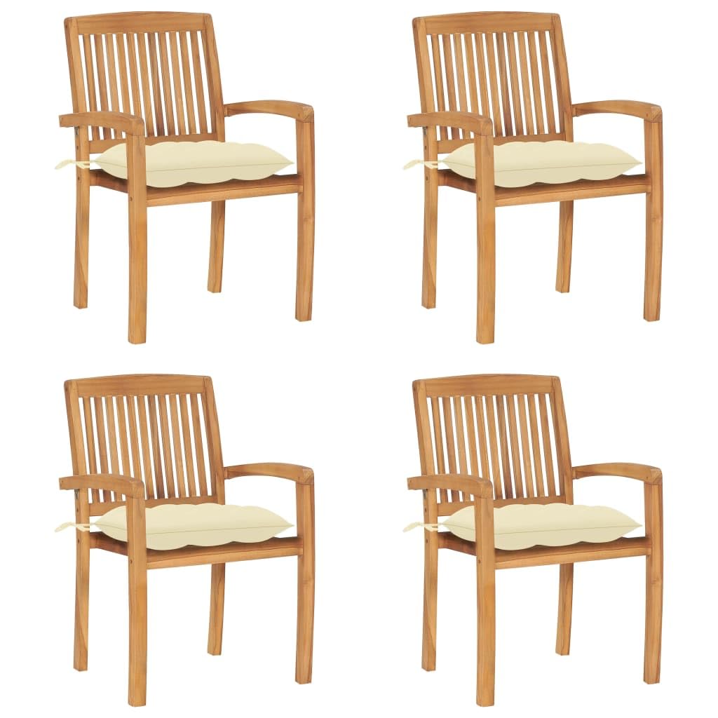 Sillas apilables de jardín con cojín, 4 unidades, madera maciza de teca, balcón, terraza, comedor, terraza, jardín, balcón