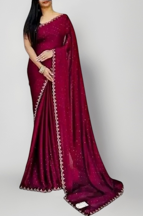 Women's Dailywear Georgette Stone Work Saree with Border & All-Over Stone Embellishments – Wedding Saree with Blouse Piece (5 Colors, 5.5m Saree + 0.8m Blouse)