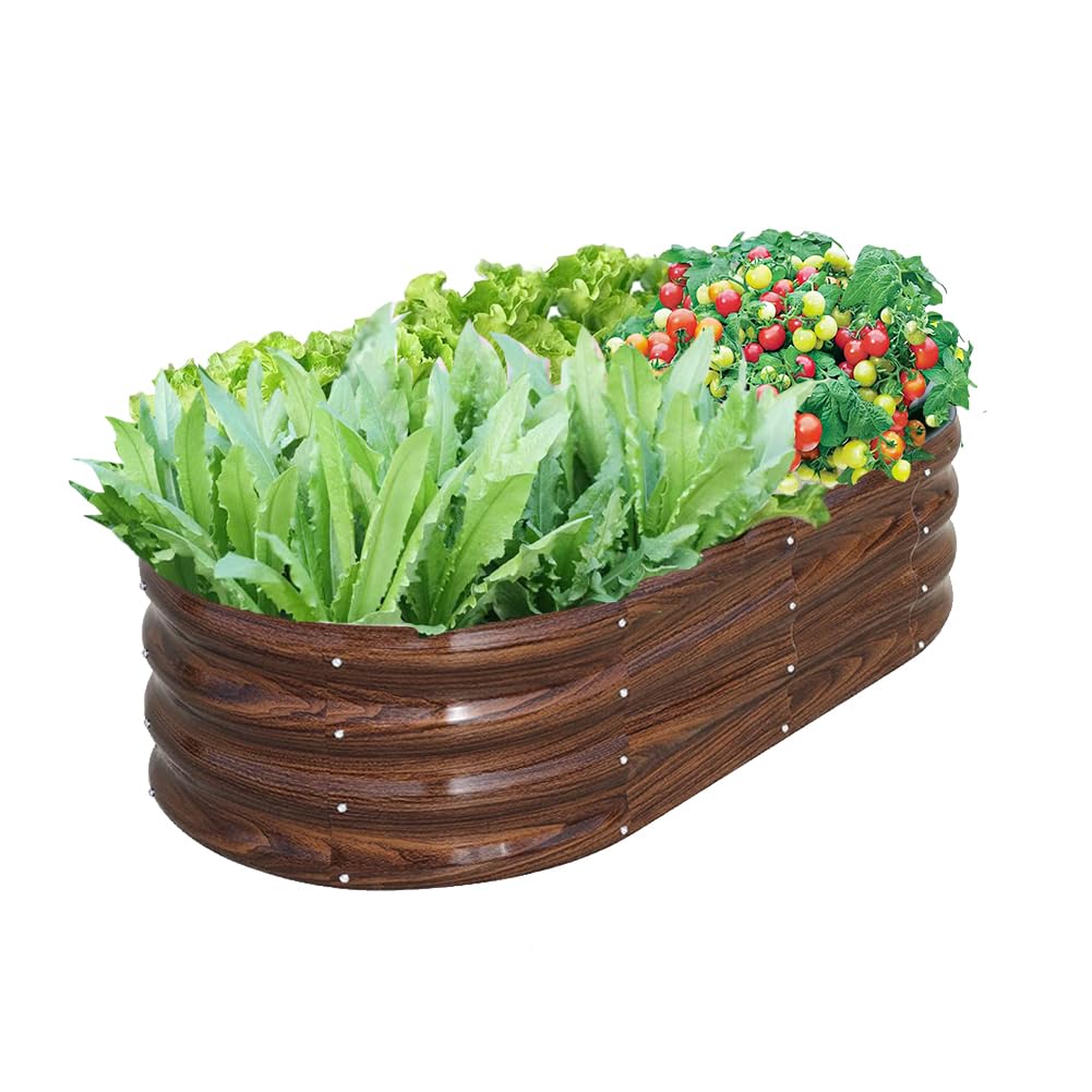 Galvanized Steel Raised Garden Bed, Large Outdoor Metal Planter Box Big Flower Plant pots for Patio Backyard Porch Deck Planting Flowers Vegetables and Herbs (Wood Grain, 4x2x1FT) Wood Grain 4x2x1FT