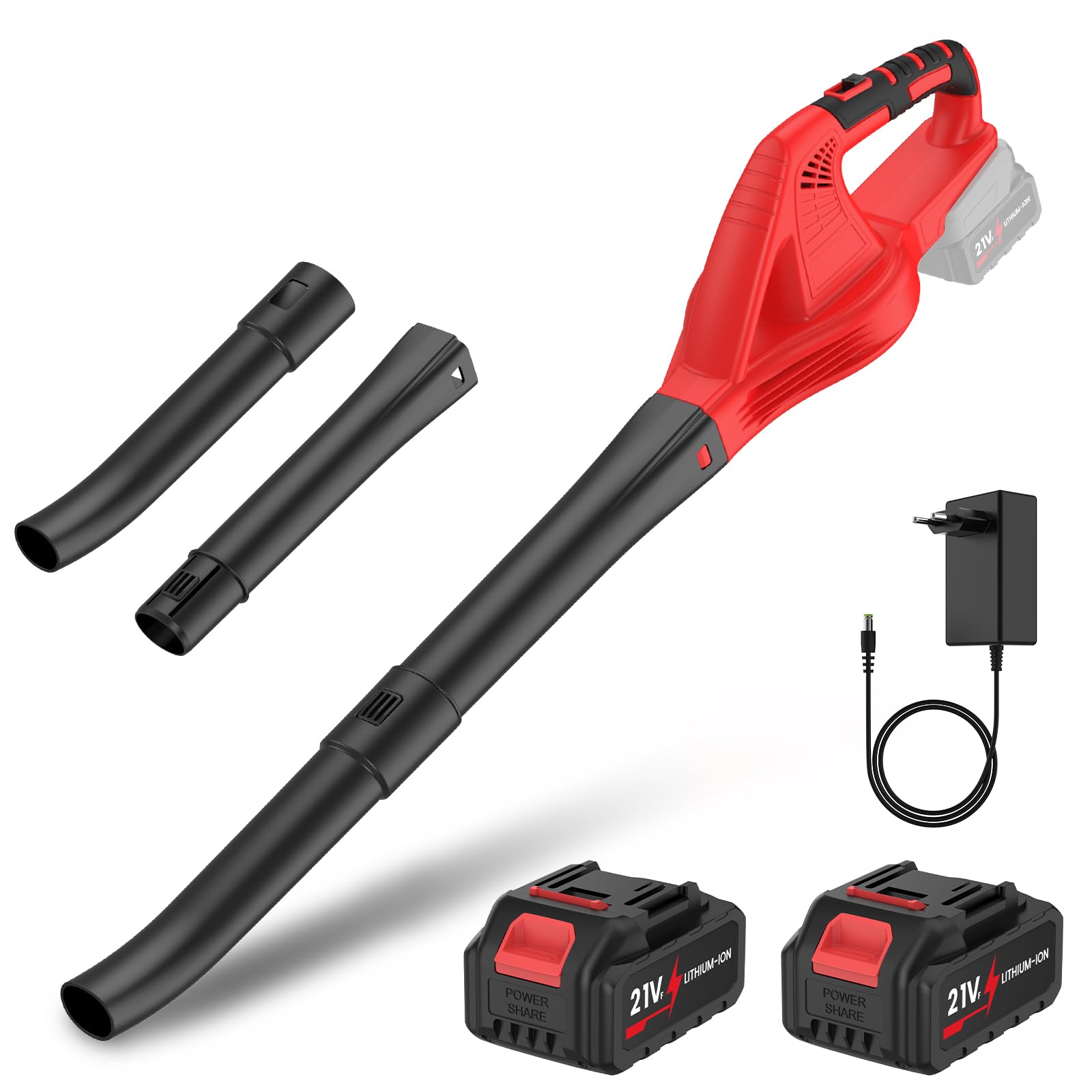 Soffiatore di Foglie 21V, Soffiatore a Foglie con 2× 3,0Ah Batteria, 800W, 2 Modalità di Velocità, Soffiatore Batteria San Filo 210 km/h, per Giardino, Spolverare e Soffiaggio di Neve