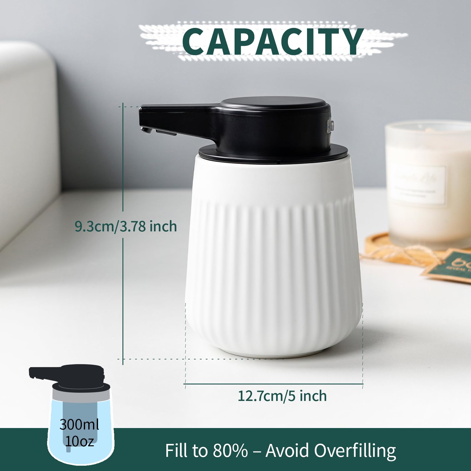 BosilunLife Dispenser automatico di sapone in ceramica con ugello a pompa esteso, 3 livelli regolabili, dispenser di sapone liquido per lozioni touchless, per bagno e cucina, design a righe, bianco
