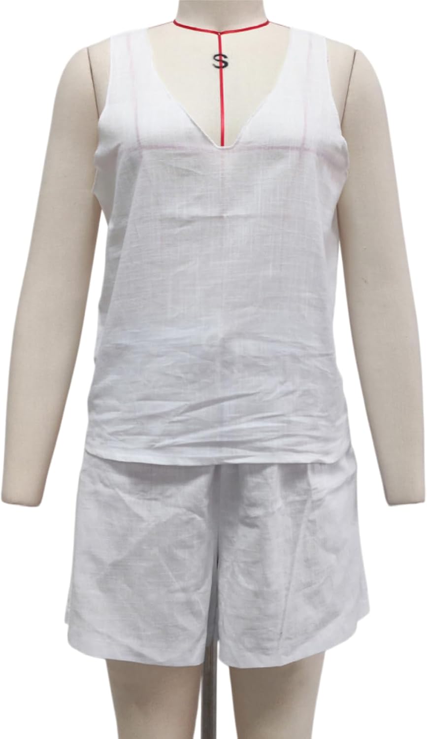 Women's White Loose Cardigan and Drawstring Shorts Three-Piece Set Casual Summer Vacation Linen Matching Sets