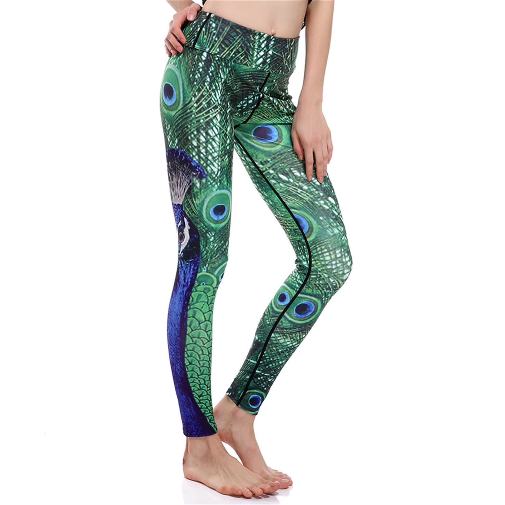 Leggins Mujer Push Up Pantalones Fitness Mallas, Pavo de pavo real Impresiones de plumas Leggings Longitud de tobillo Levantamiento de culo Pantalones de yoga Pantalones deportivos flacos Seco rápido