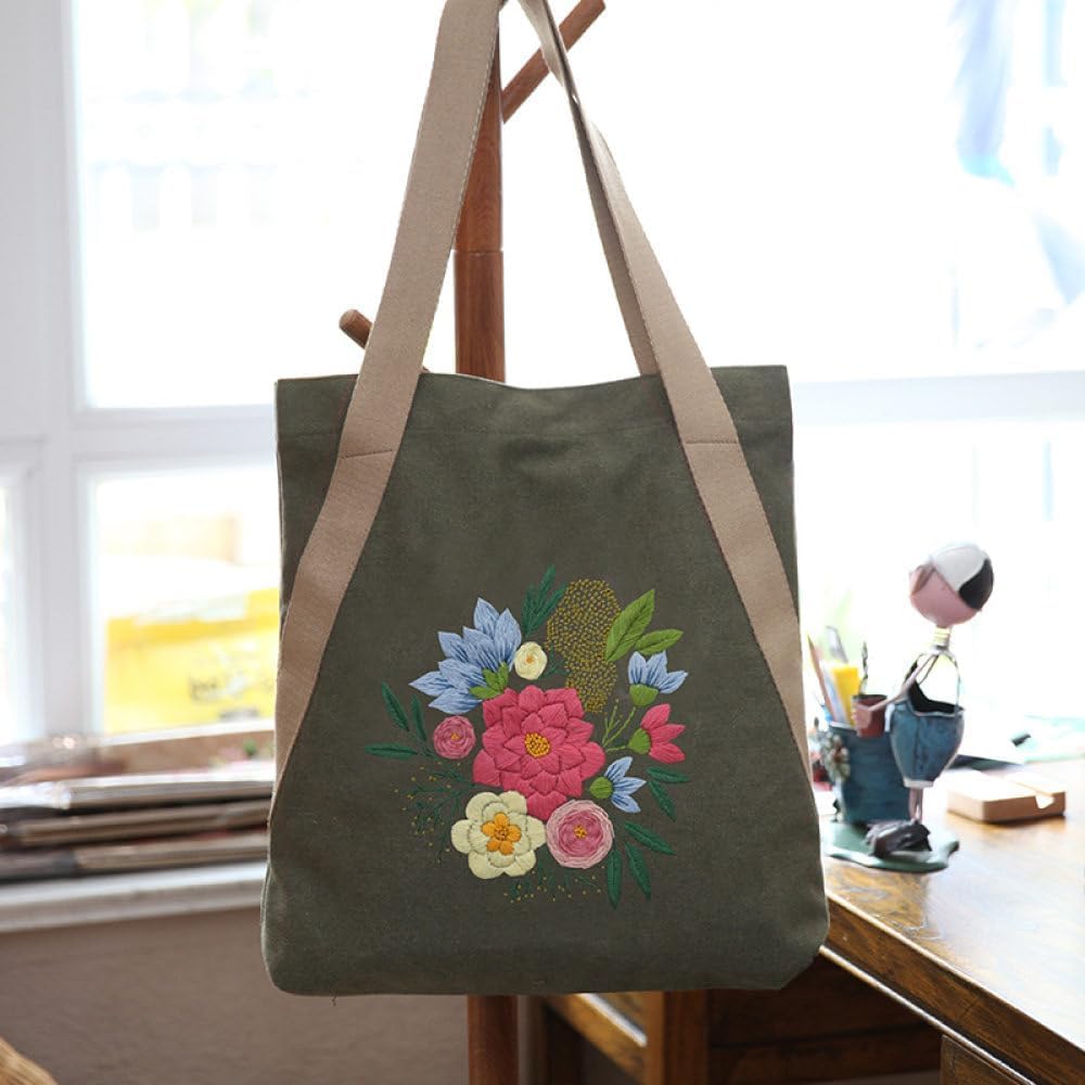 Kit broderie sac en toile fleurs point de croix adulte débutant DIY