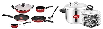 Pigeon Idly Maker 6 Plates Compatible with Induction and Gas Stove & Pigeon Cookware Set of 7 Piece, Includes Tawa 23 cm, Fry Pan 24 cm, Kadai with Lid 24 cm, and Sauce Pan (Red)