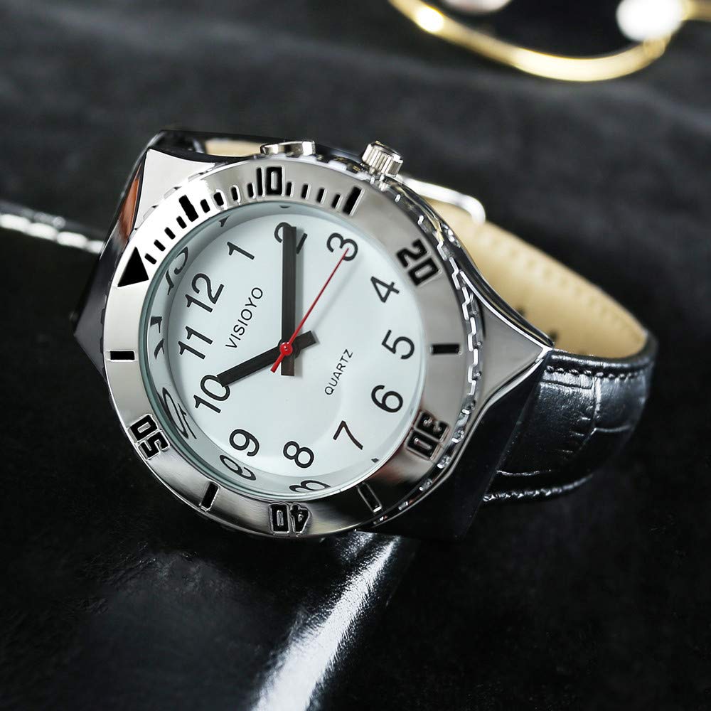 Reloj parlante analógico con alarma, anuncio de hora y fecha en francés para ciegas y personas con discapacidad visual, correa de piel negra TFBW-1601F, Clásico