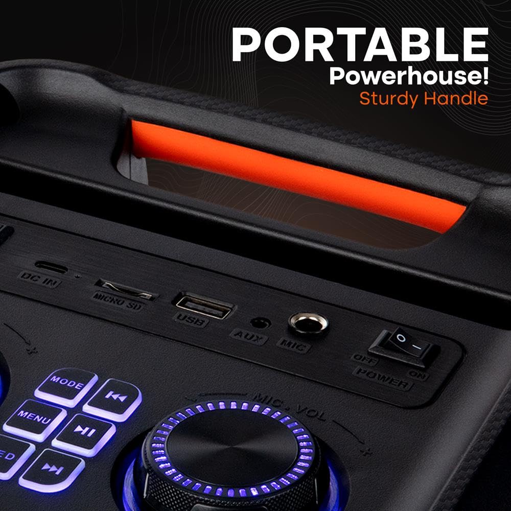 Pyle głośnik PA Bluetooth do karaoke 100 W z 8-calowym głośnikiem niskotonowym – regulacja echa, basów i wysokich tonów, port USB, czytnik kart SD, radio FM, wejście mikrofonowe i światła LED