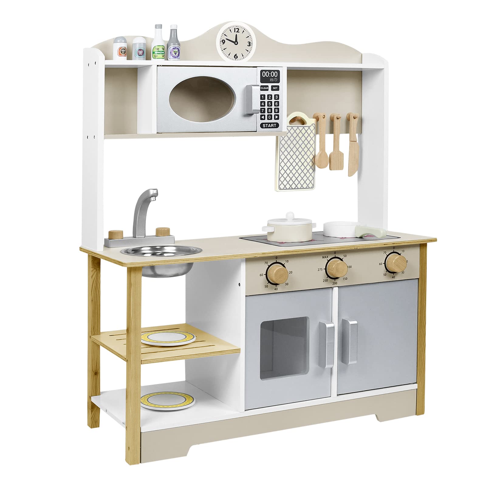FIVMEN Kinderküche Spielküche Holz mit Herd&Mikrowelle &Wasserhahn&Spüle und Küchen-Zubehör Spielzeugküche Kinder Küche Spielzeug für ab 3 Jahren Kinder, 65x24x85cm