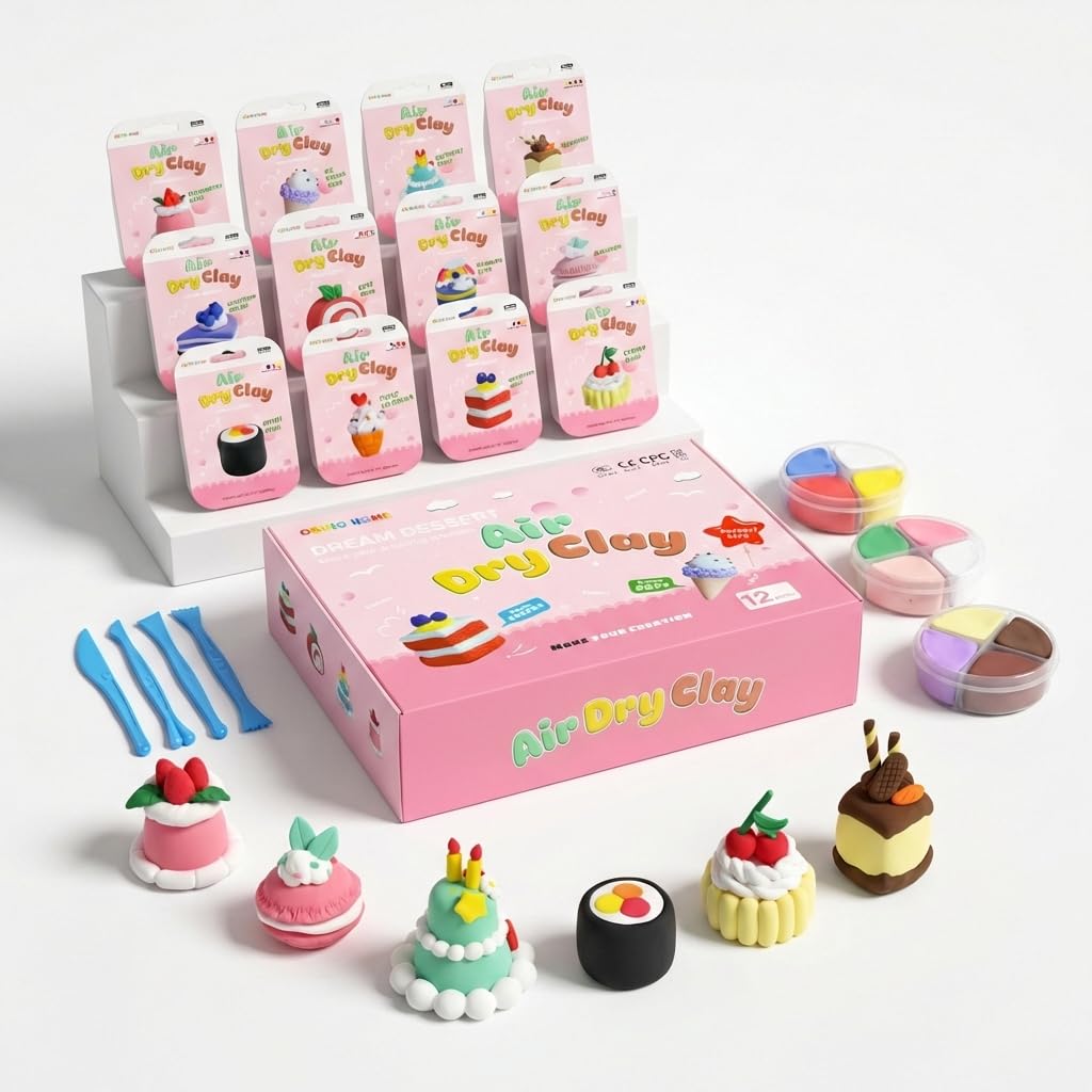 Obvio Home Air Dry Clay for Kids - 12 Dream Dessert Designs Modeling Clay Kit - Model Sculpting Set, Ultra Soft Safe & Non-Sticky | DIY Crafts, School