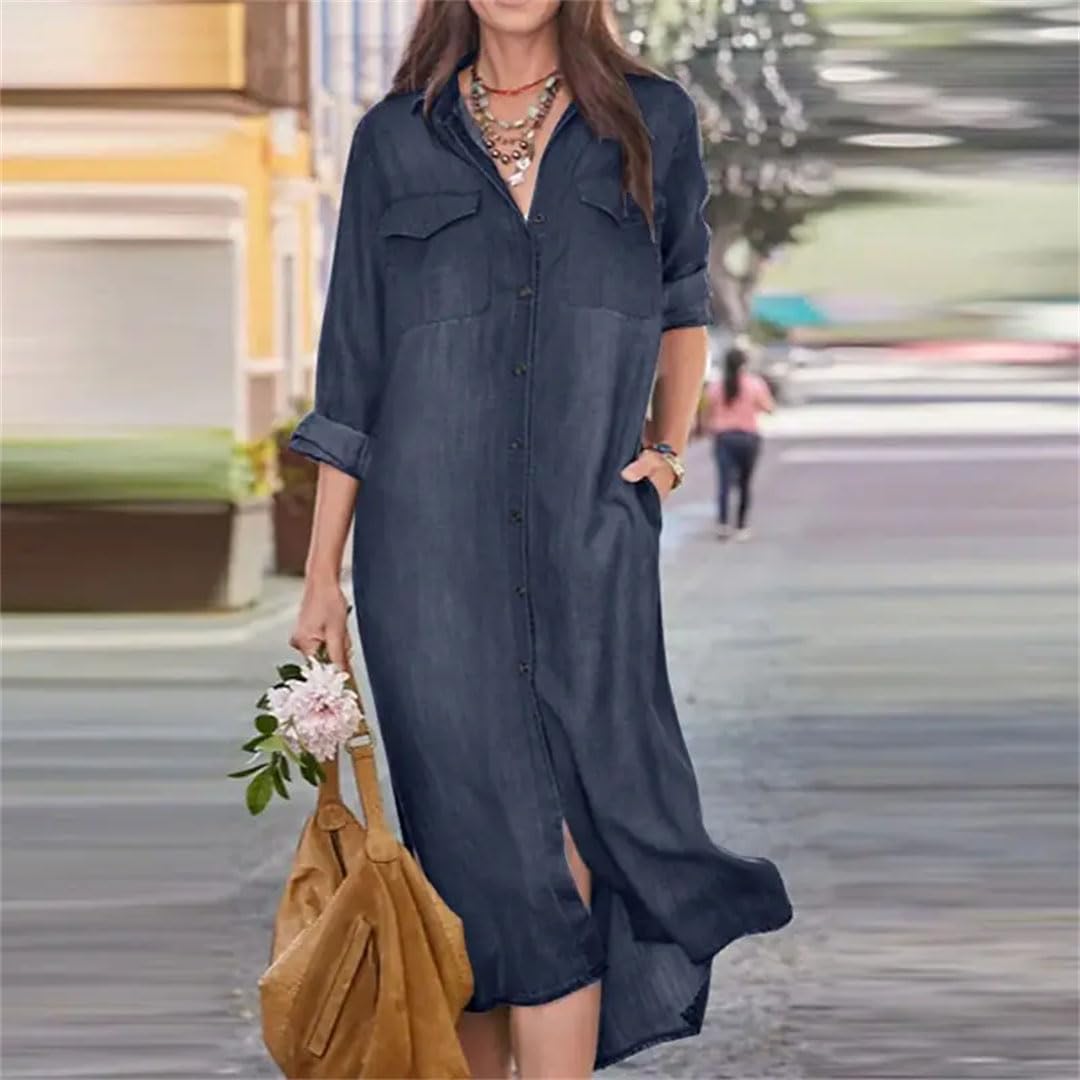 Vestido camisero de mezclilla de gran tamaño para mujer, vestido largo de manga larga para primavera y otoño