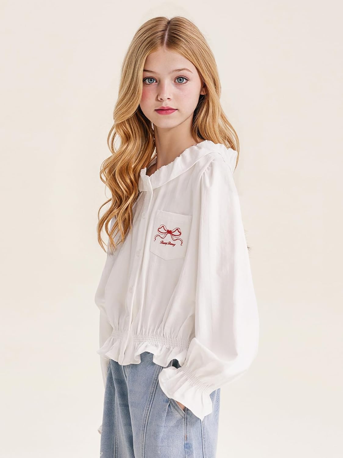 Girls White Blouse Peter Pan Collar Button Down Button Up Long Sleeve Shirt Top 6-16Y - Image 4