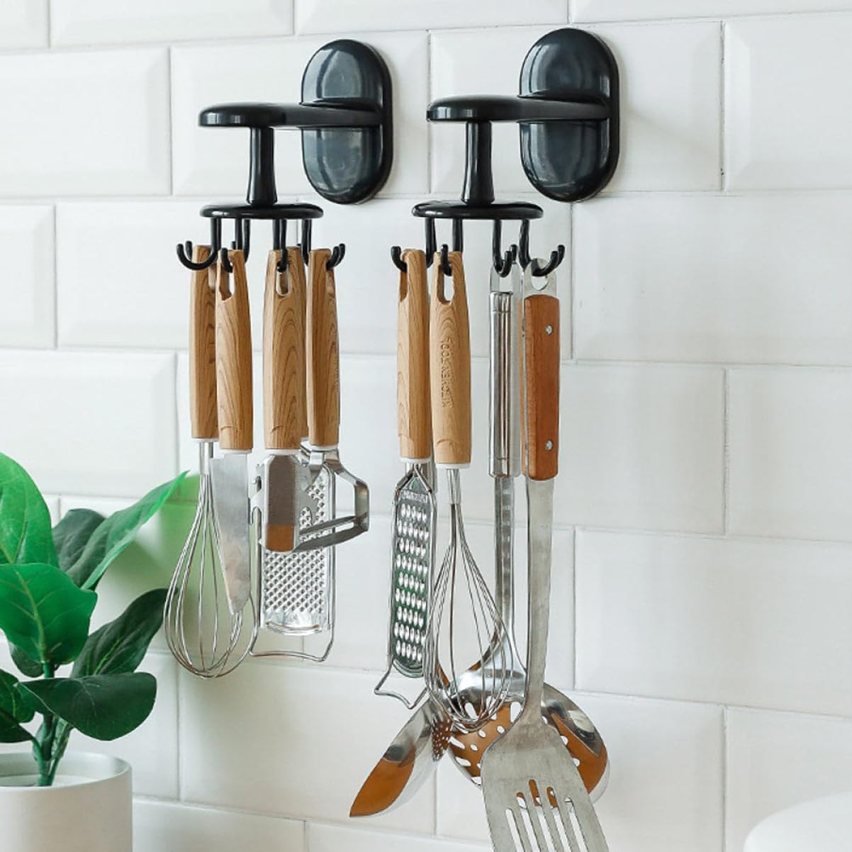 DOITOOL 4pcs Wall-Mounted Kitchen Utensil Hanger Hooks Punch Drying Rack for Easy Storage and Organization Black for Kitchen and Bathroom Use