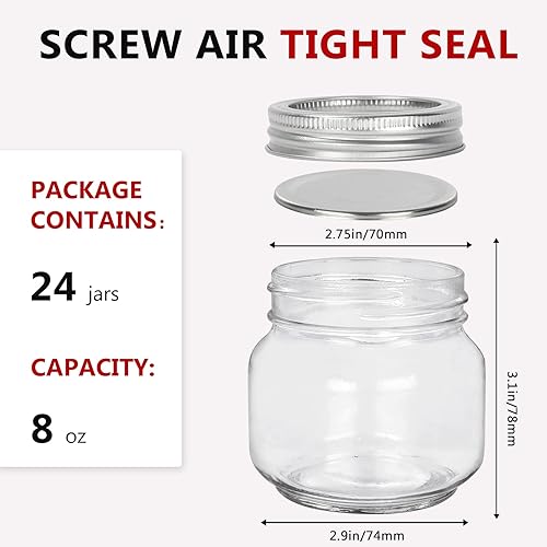 Miniatura 2 de Betrome Tarros Mason de 8 onzas, paquete de 24 tarros de vidrio de 8.1 fl oz con tapas de boca regular, tarros de vidrio para almacenamiento de