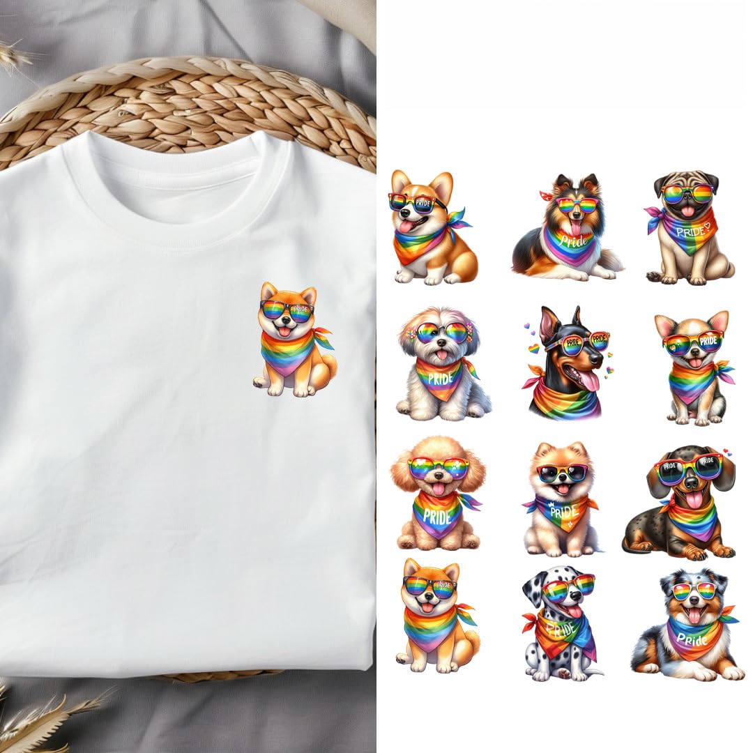 12pcs Month, Pride Month Dogs Iron on Transfers, DTF Transfers Ready to Press Washable Stickers Iron on Decals for T Shirts Hoodie DIY Crafts (P3)