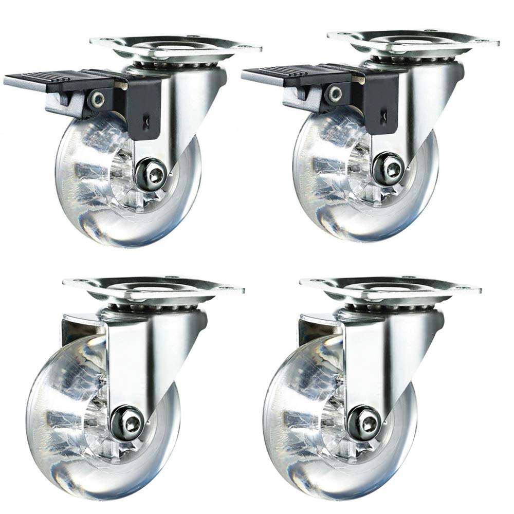 Lot de 4 roulettes de transport KSTEU - Diamètre : 50 mm - Avec frein - Petites roulettes en caoutchouc avec plaque de fixation - Roulettes de transport pour meubles avec vis