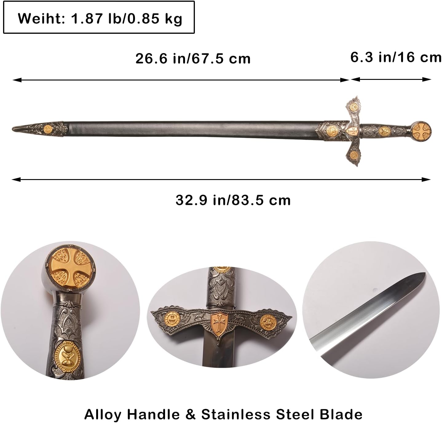 Stainless Steel Medieval Cross Crusader Knight Templar Sword for Collection, Cosplay, Display-32.9 Inch - Image 2