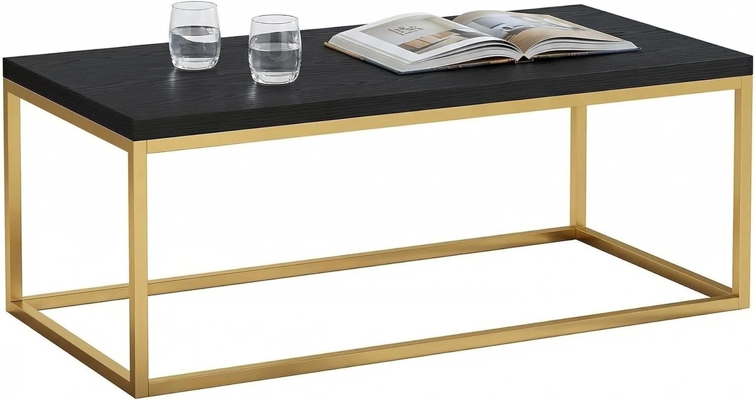 CENSI 40" Black and Gold Coffee Table for Living Room, Modern Cocktail Table with Brass Metal Legs, Rectangle Faux Oak Wood Center Table, Extra Thick Top, Luxury Glam Style