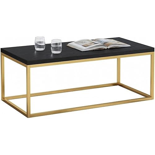 CENSI 40" Black Coffee Table for Living Room, Modern Gold & Black Cocktail Table with Brass Metal Legs, Rectangle Faux Oak Wood Center Table, Extra Thick Top, Luxury Glam Style, Easy Assembly