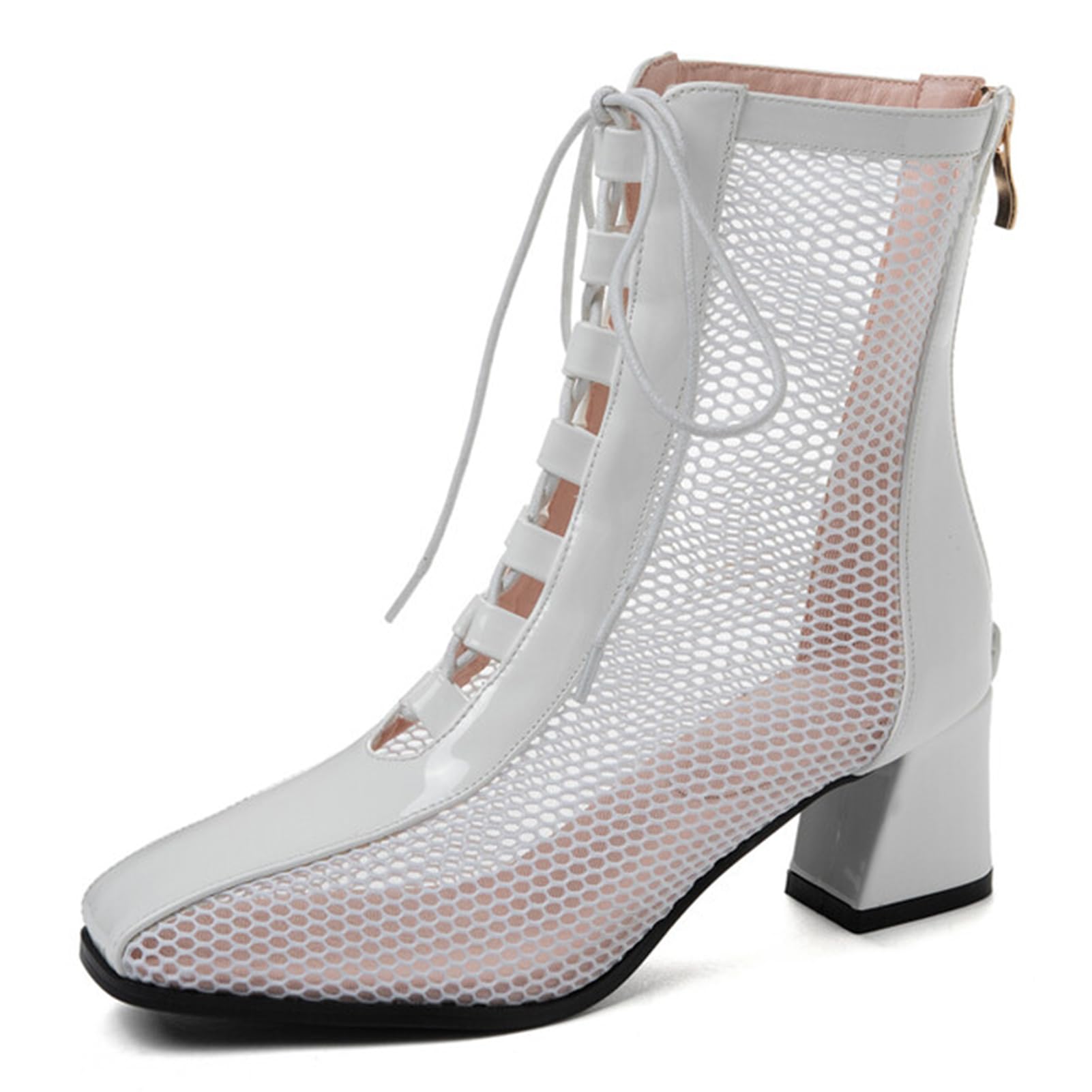 Alyaafifa Mesh Bootie Sandals for Women with Heel 2 Inches Comfortable Chunky Block Heel Closed Square Toe Patent Leather Back Zipper Dressy Summer