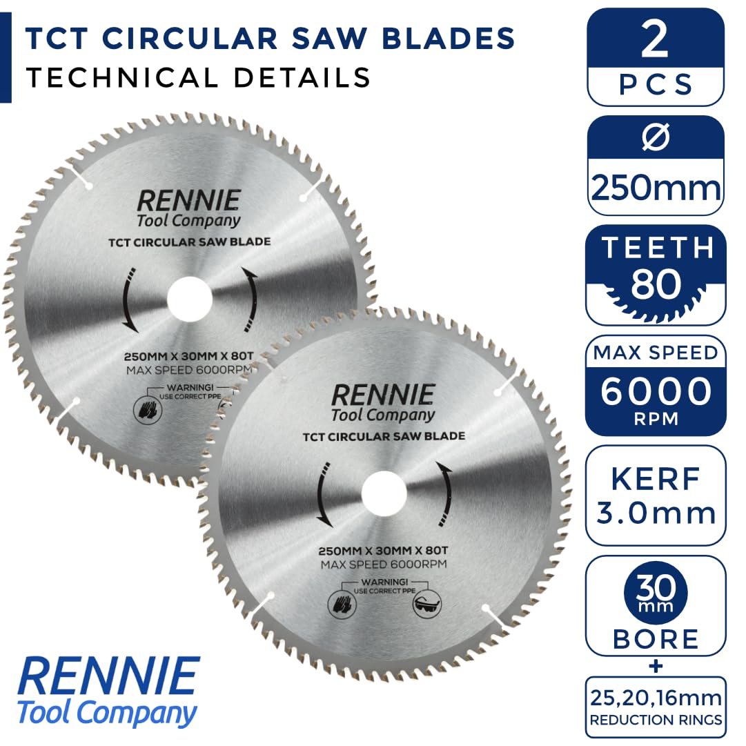 Rennie Tools - Lame circolari per legno da 250 mm x 30 mm x 80 T TCT, con anelli di riduzione del foro da 25 mm, 20 mm e 16 mm. Compatibile con sega circolare Bosch Makita DeWalt, ecc. Adatto per
