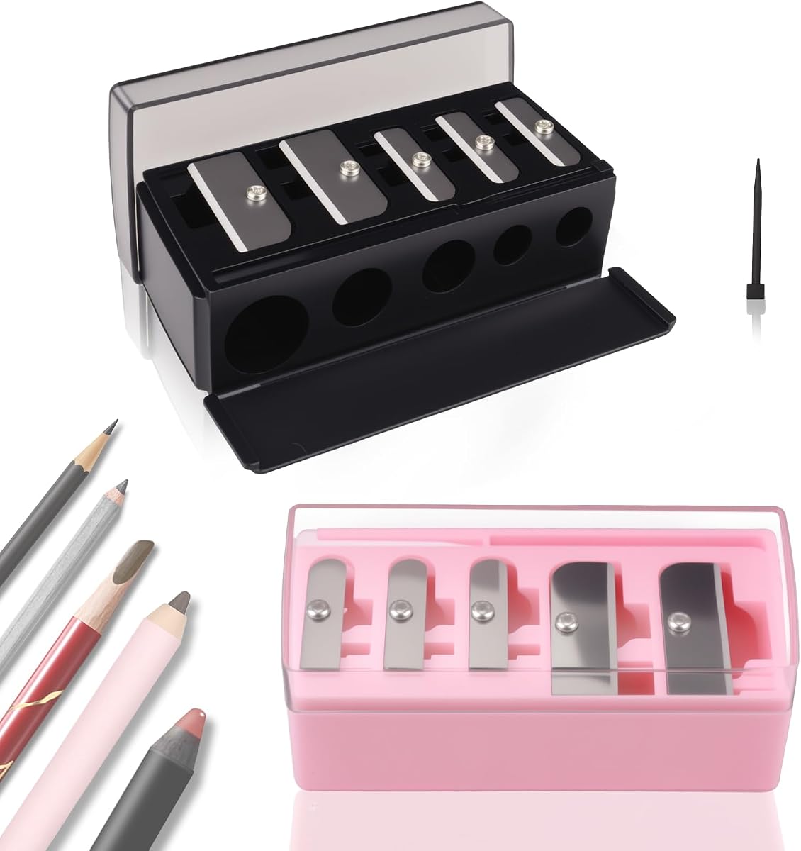 2 sacapuntas de maquillaje manual de punta larga de 5 agujeros con tapa de plástico, adecuado para delineador de ojos, delineador de labios y lápiz de cejas, sacapuntas para lápices de maquillaje (negro+rosa)