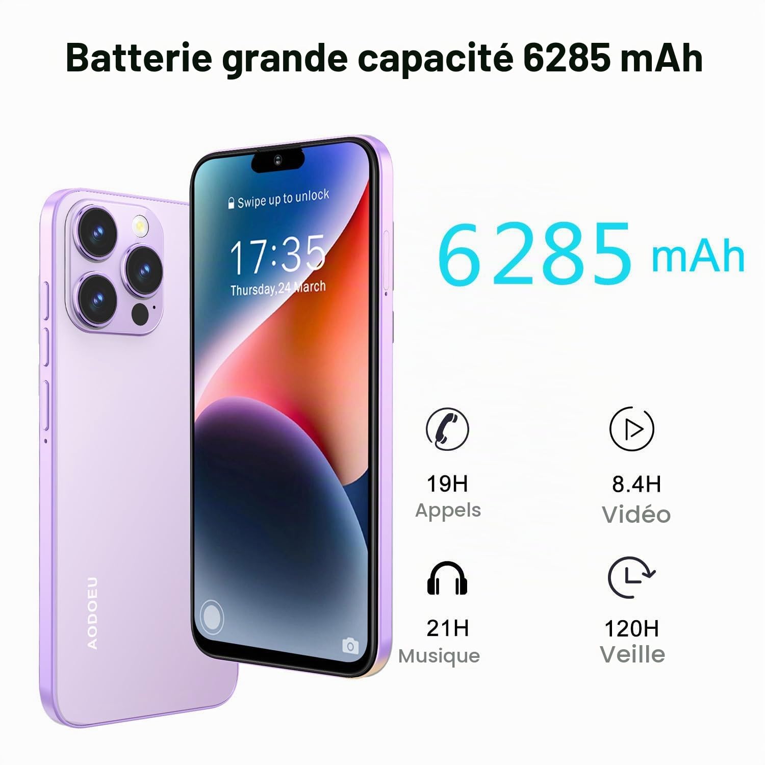 AODOEU Smartphone Pas Cher Android 14, 8 GO+64GO/TF 1TO, Telephone Portable Pas Cher Écran 6,56" HD+, Batterie 6285mAh, 13MP+8MP, Telephone 4G Dual SIM/GPS/Face ID/OTG-Violet