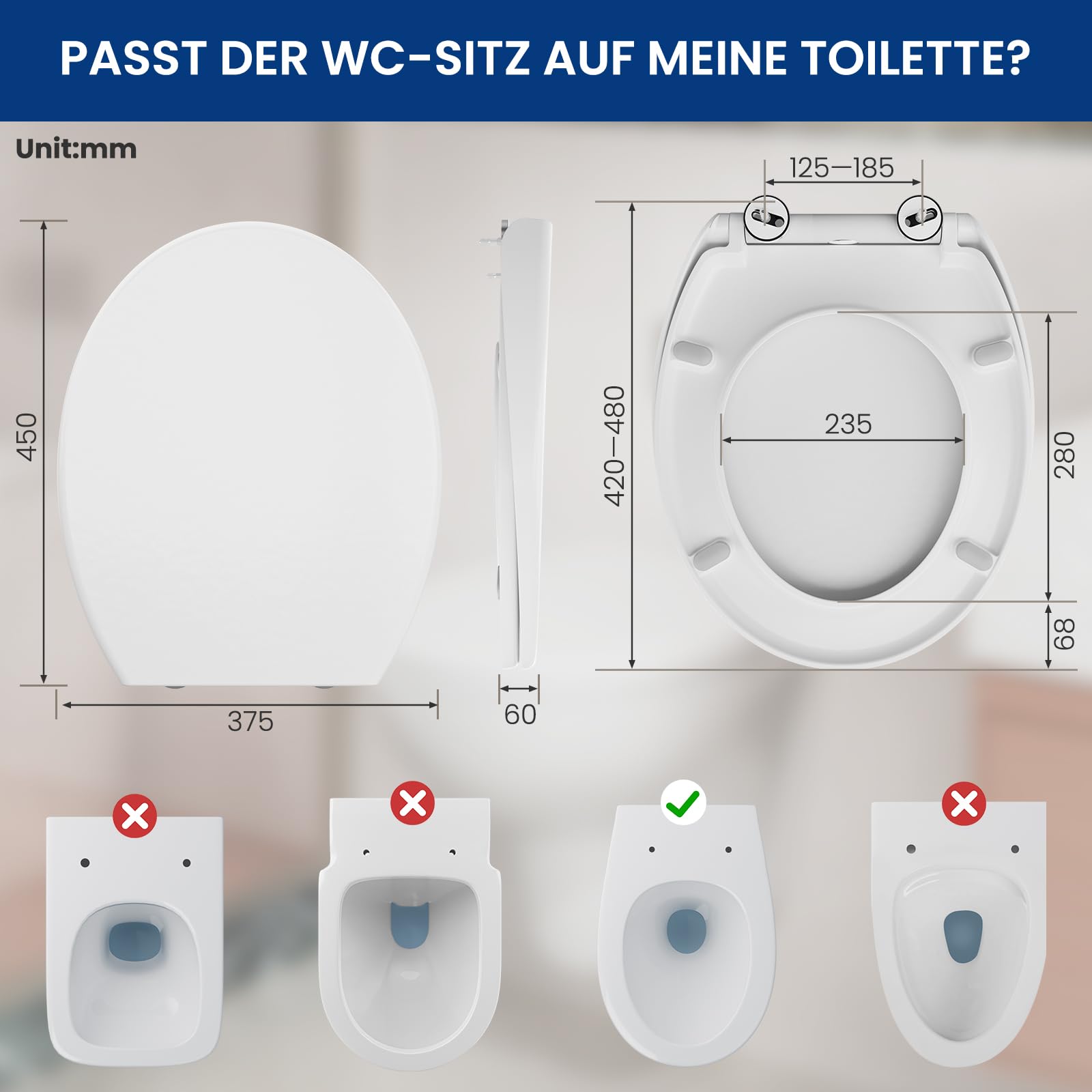 CECIPA Tapa WC Universal, Asiento Inodoro Blanco Ovalado con Cierre Suave, Tapa de Vater de Duroplast, Tapadera WC para Familia y Baño, Tapa Inodoro Montaje Fácil y Resistente - Serie DERW