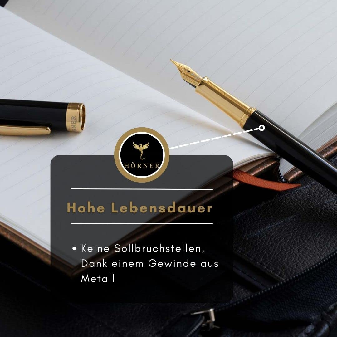 Hörner Nobilis Design Füllfederhalter I Edle Geschenk-Box I Schreibfarbe Blau I Strichstärke M 0,65 mm I Premium Füller I Hochwertiges Etui I Feder „Made in Germany“ schwarz gold I Luxus Design