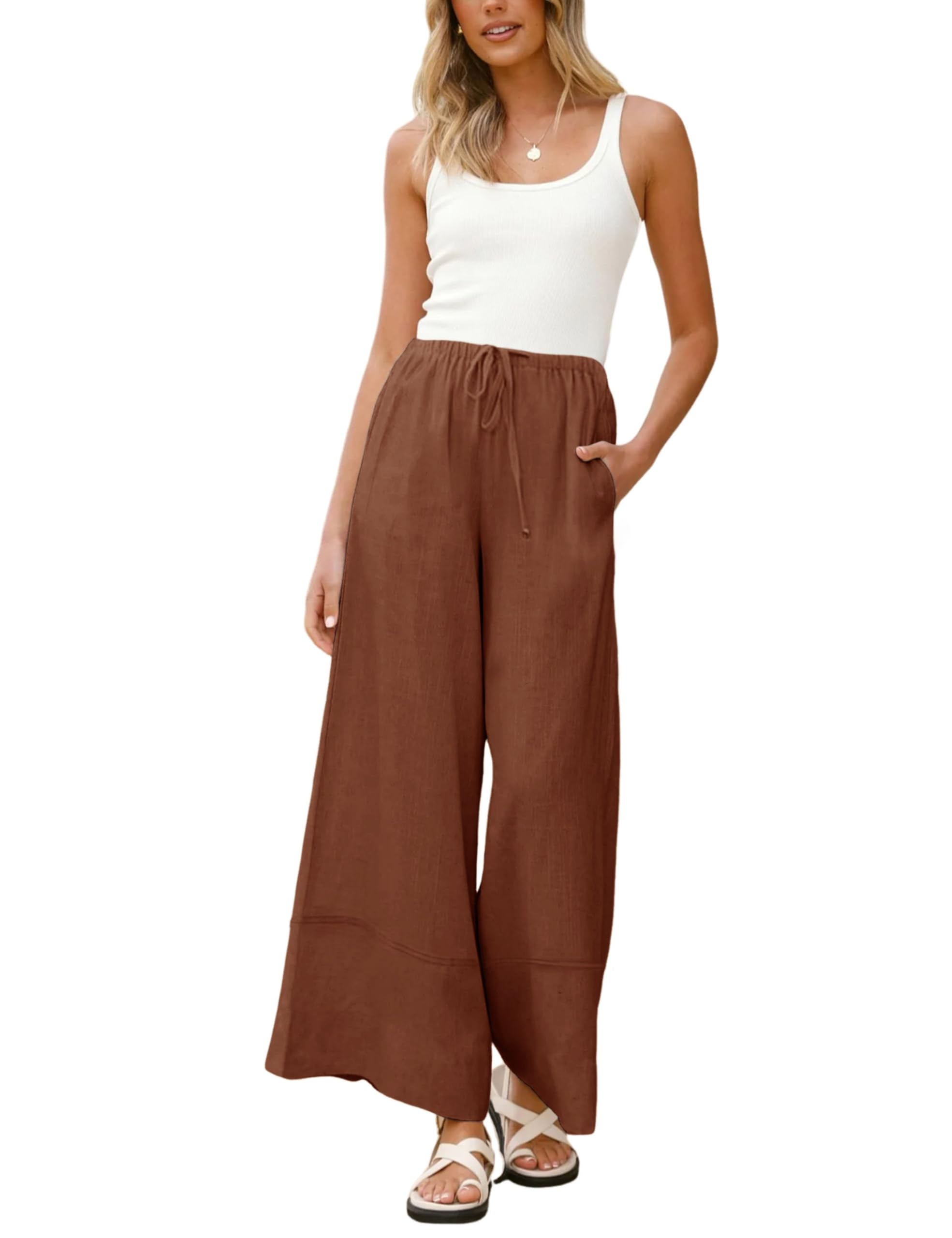 Athlisan Womens Summer Cotton Linen Palazzo Pants Wide Leg Lounge Trousers with Pockets Rust-S