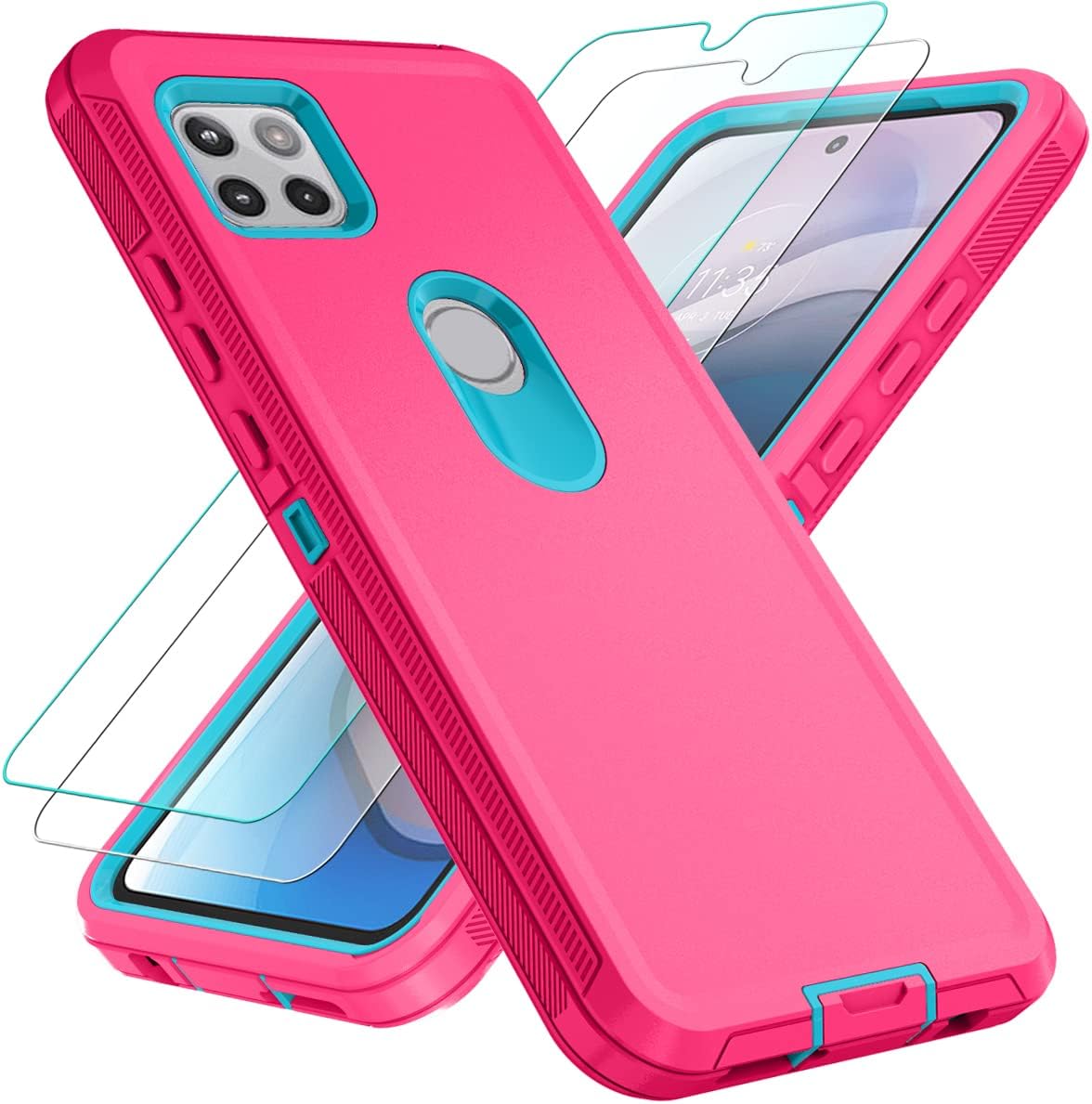 ONOLA Compatible with Motorola One 5G Ace Case, Motorola One 5G Ace Phone Case with Tempered Glass Screen Protector + HD Screen Protector, 3 in 1 Durable Case for Moto One 5G Ace (Pink Blue)