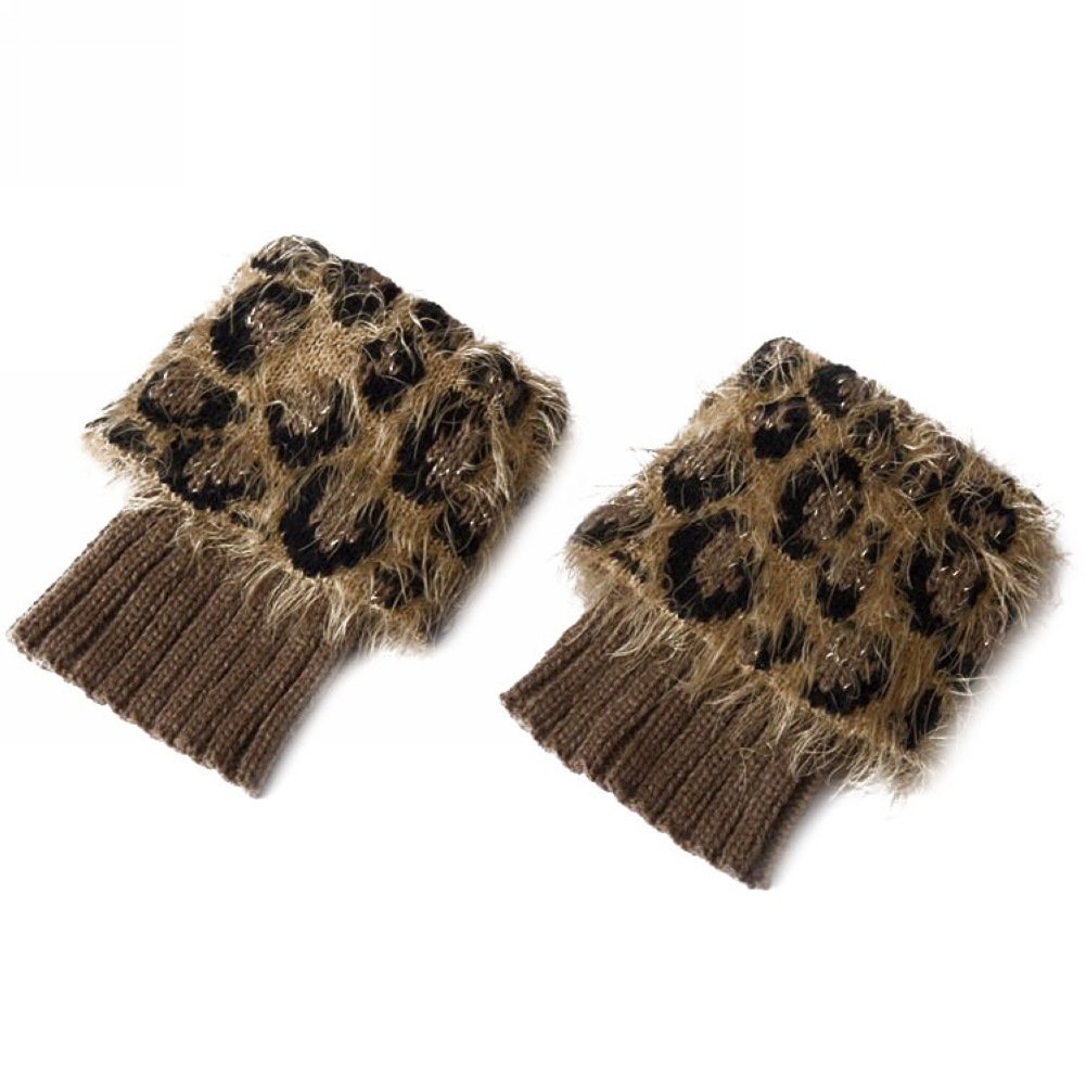 Women Fashion Leopard Faux Fur Boot Cuff Short Knitted Topper Leg Warmers - brown - One Size