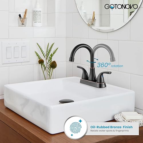 Miniatura 2 de gotonovo Grifo de lavabo de baño con dos asas de 4 pulgadas, bronce aceitado de 2 agujeros, montaje en cubierta con drenaje desplegable y líneas de