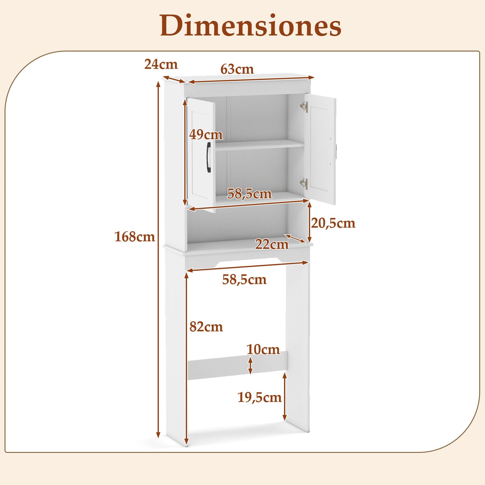COSTWAY Armario sobre Inodoro, Organizador de Baño Independiente con 2 Puertas y Estante Ajustable, Ahorrador de Espacio sobre el Inodoro para Baño, Lavadero, 63 x 24 x 168 cm, Blanco