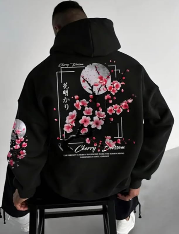 Mens Fleece Japanese Graphic Hoodies, Fashion Pullover Sweatshirt with Hood, Casual Cotton Blend Long Sleeve Fall Winter Streetwear (US, Alpha, X-Large, Regular, Regular, Black, Cherry Blossom) image 3