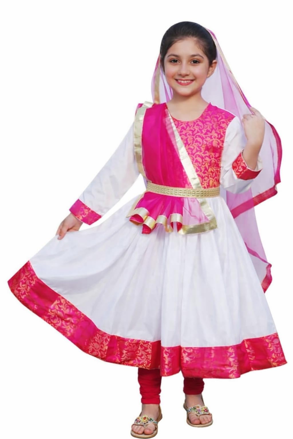COCOFANCYDRESS Kathak Anarkali Dress, Traditional Indian Dance Costume for Girls, White and Pink with Gold Trim 13-15 years old girls-picture-27