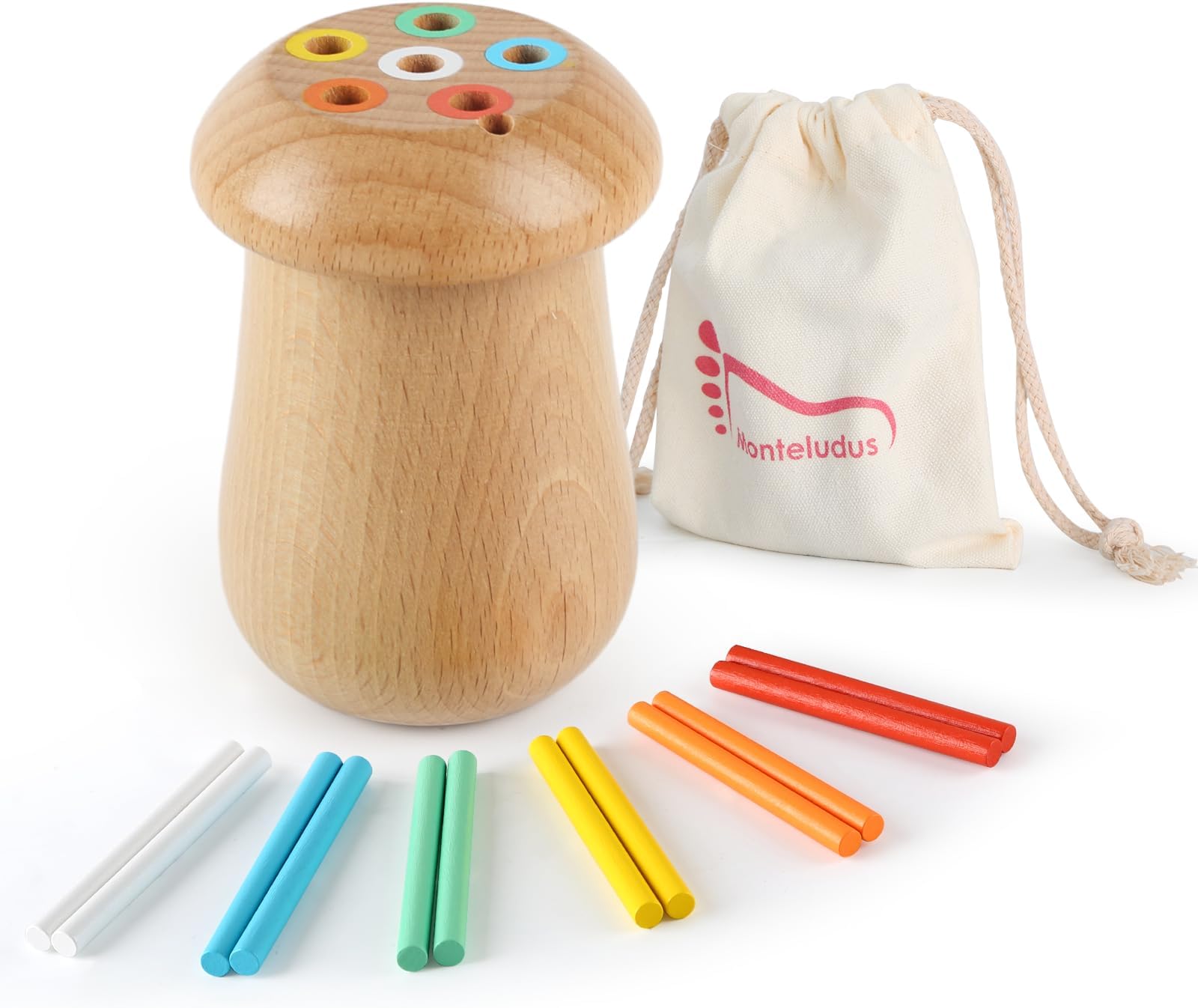 Montessori Sticks Toys for Kids, Learning 6 Color Sorting Games, Montessori Fine Motor Skill Toys for 1 2 3 Years Old, Cute Mushroom Shape Wooden Sensory Toys for Toddlers