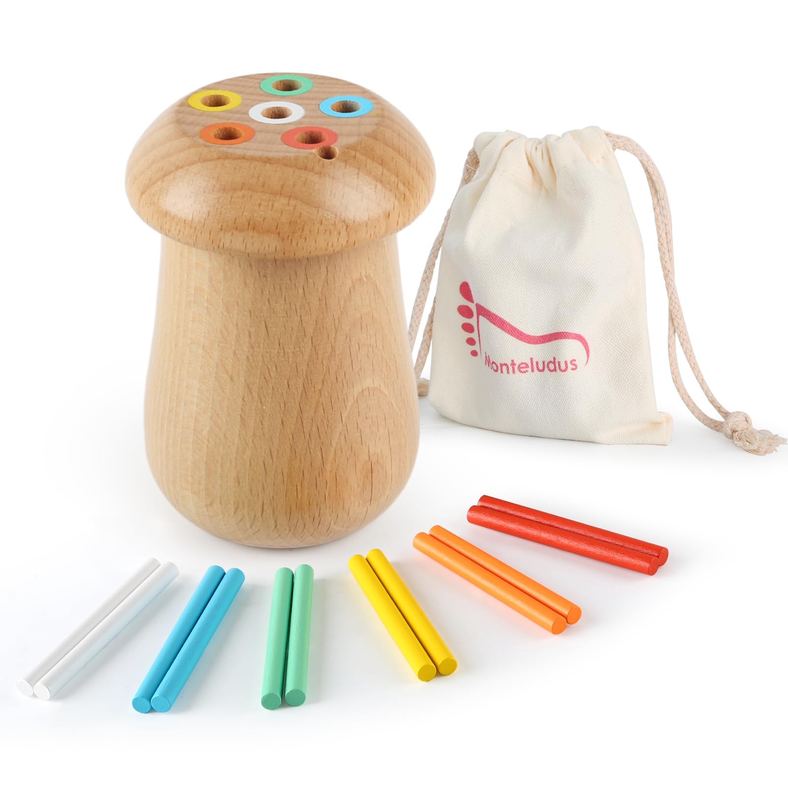 Monteludus Montessori Sticks Toys for Kids, Learning 6 Color Sorting Games, Montessori Fine Motor Skill Toys for 1 2 3 Years Old, Cute Mushroom Shape Wooden Sensory Toys for Toddlers