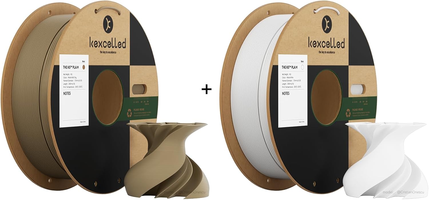 Kexcelled Matte PLA Filament 1.75mm，1kg per Spool, Pack of 2,Fit Most FDM 3D Printers，Matte Brown PLA + Matte White PLA