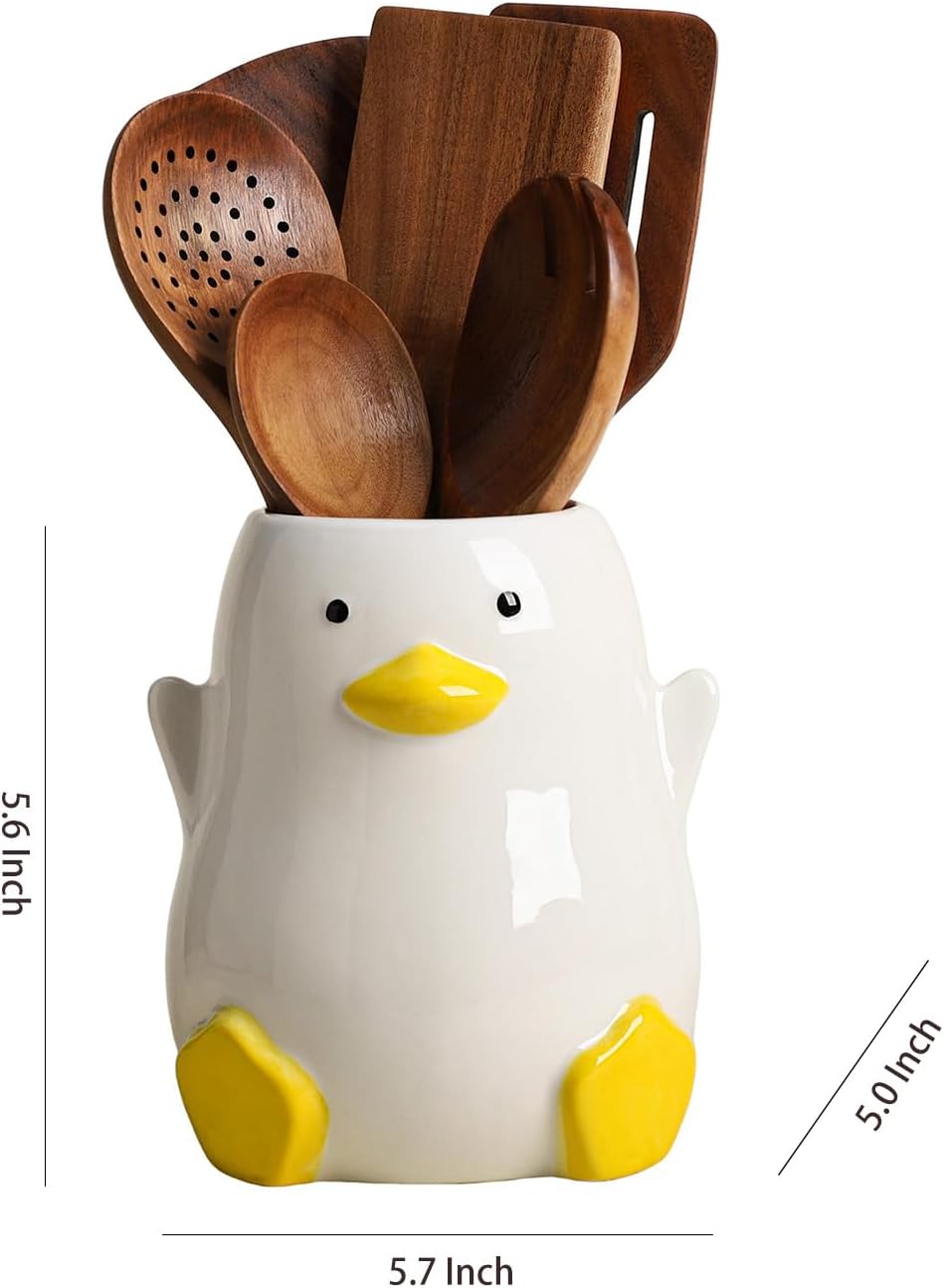 WAIT FLY Duck Shaped Porcelain Kitchen Utensil Holder Flatware Storage Organizer Utensil Crock for Countertop Kitchen Counter Decor